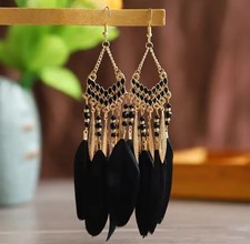 Black Feather Gold Detail, Boho, Gypsy, Native, Western Earrings, New