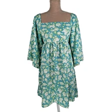 Davi and Dani Floral Print Tie Back Dress Green Blue Women's Size Large NWT