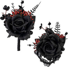 Gothic Black and Red Wrist Corsage and Boutonniere Set for Weddings and Prom