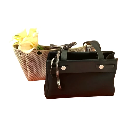 HERMES Herbag Cabas PM 2-in-1 Tote Bag Black & Natural Canvas Leather - Picture 1 of 7