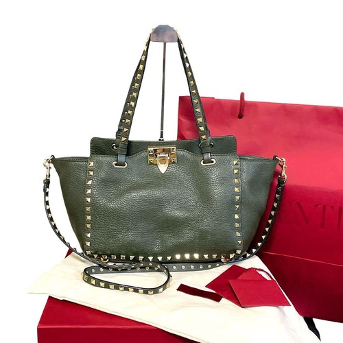 VALENTINO GARAVANI Leather Rockstud 2Way Shoulder Handbag Khaki Used From Japan