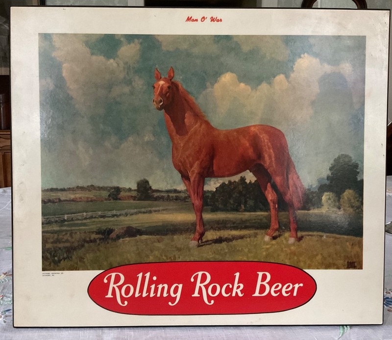 Vntg. Rolling Rock Beer, Latrobe, PA, "Man O' War" famous 1920 Race Horse POSTER