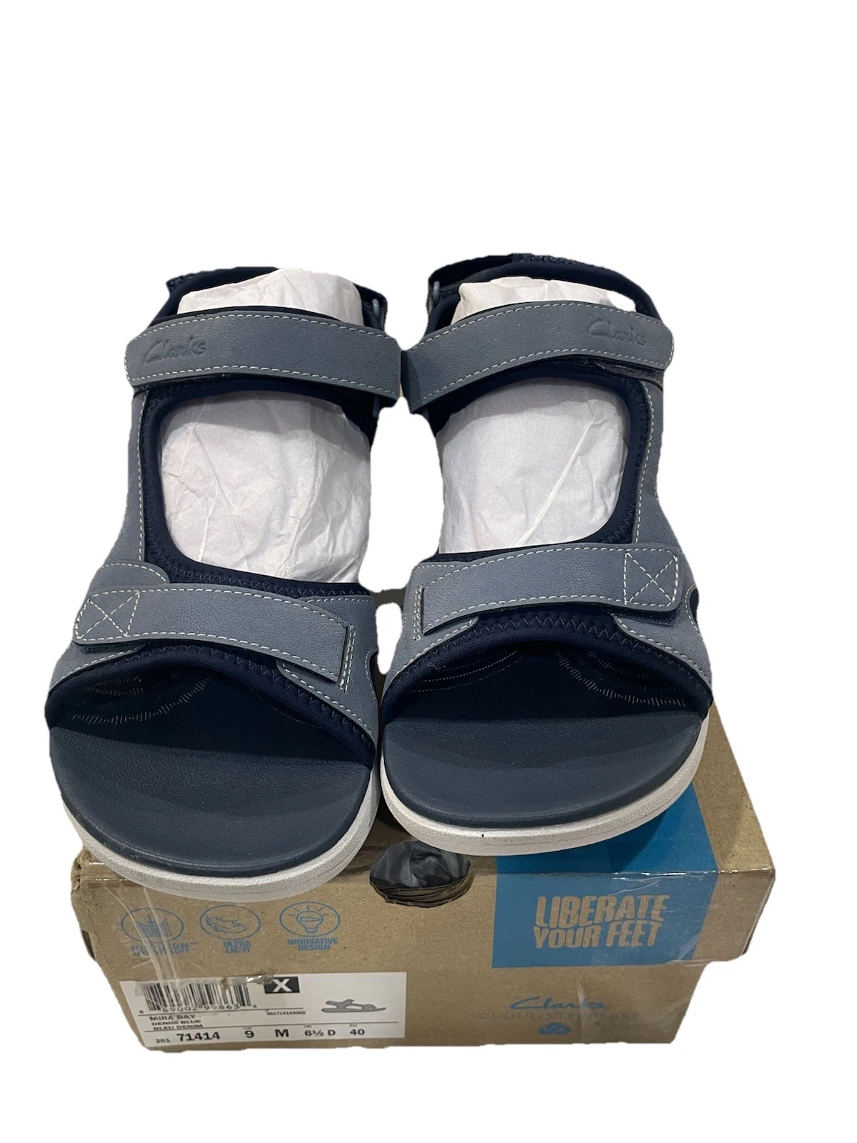 Sandali donna Clarks Cloudsteppers blu denim Mira Bay con cinturino taglia 9 M