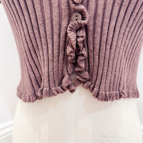 Cardigan marrone bordo increspato manica corta maglia a costine scollo a V cotone Candy LA - Foto 3 di 11