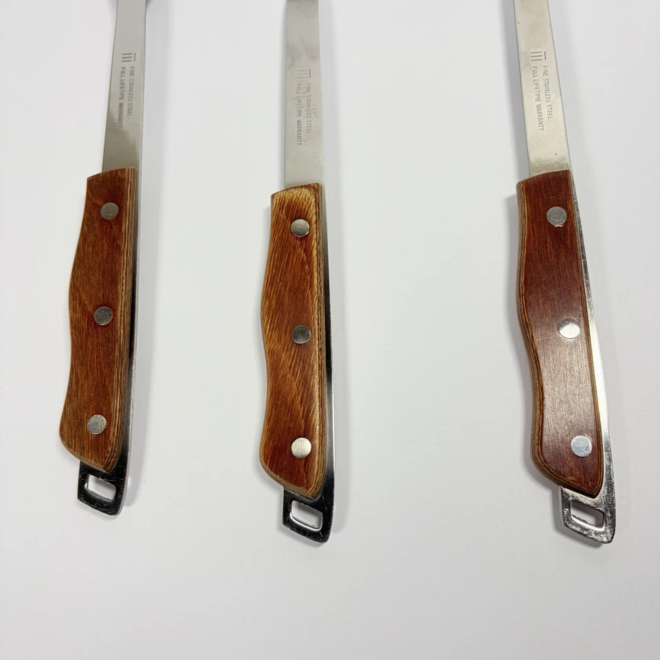 Juego de utensilios para servir con mango de madera de precisión Maxam de acero inoxidable vintage EE. UU. MCM Foto 3 de 4