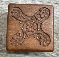 Vintage 4x4 Hand Carved Wooden Trinket Jewelry Box With Floral Design Hinged Lid