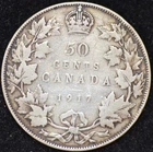 1917 VERY GOOD Canadian Half Dollar, .925, Actual Silver Weight = .3456 oz.