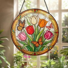 Tulip Butterfly Suncatcher Stained Glass Floral Window Hanging Spring Decor