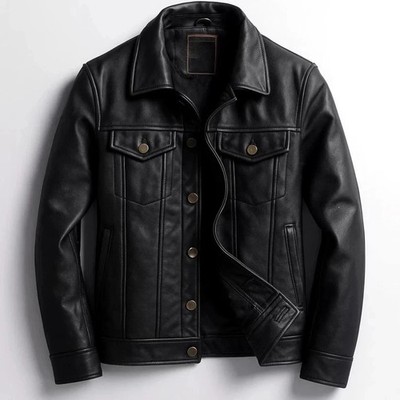 Men's Black Real Leather Trucker Jacket Vintage Denim Style Button Up Cafe Racer
