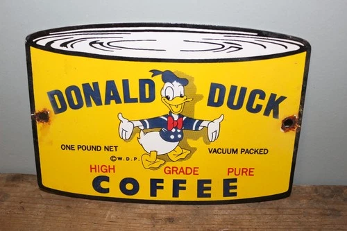 Rare Vintage Donald Duck High Grade Coffee Can Disney Porcelain Metal Sign