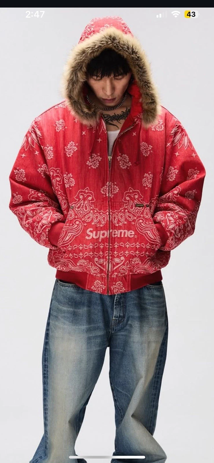 VESTE DE TRAVAIL À CAPUCHE EN DENIM BANDANA SUPRÊME TAILLE : L SUPREME SS’25 EN MAIN EXPÉDIÉE MAINTENANT