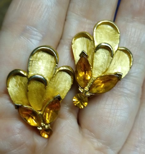 Vintage Sternschnuppe Kuppel Brosche & Ohrringe Set Bernstein Glas gebürstet goldfarben - Bild 4 von 8