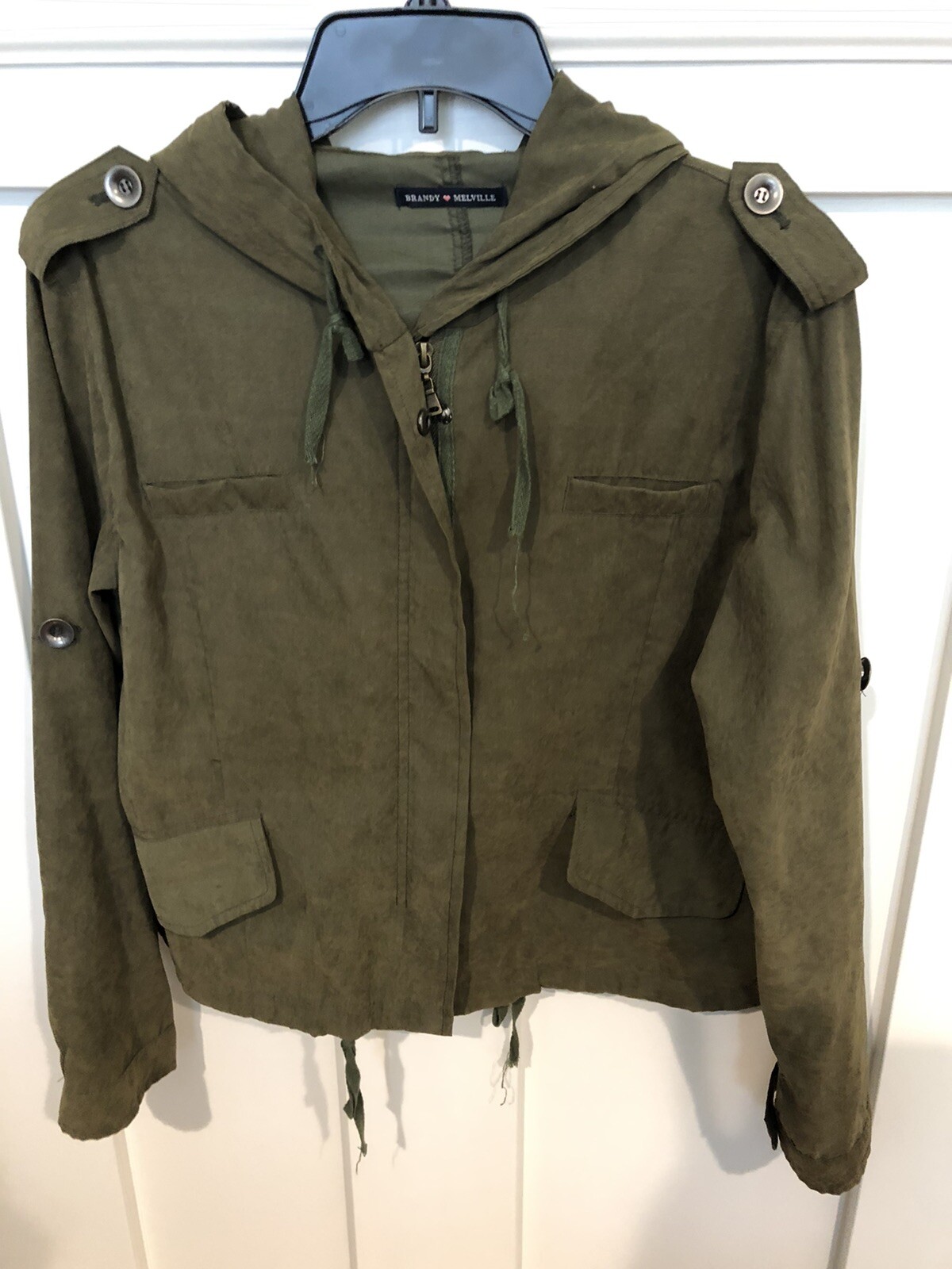 Brandy Melville Army green hooded jacket zip front w … Gem