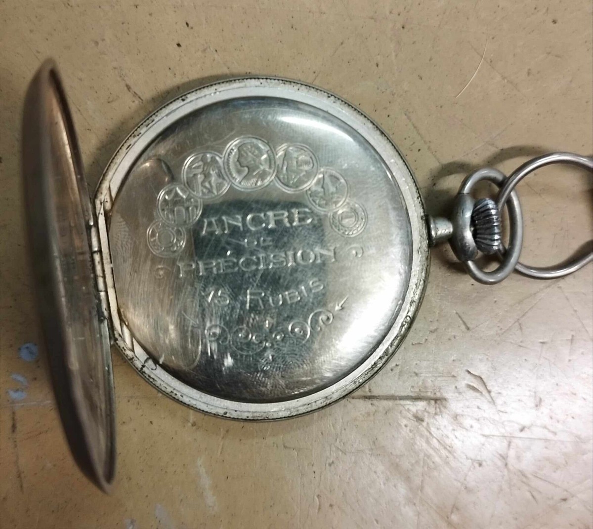 Vintage Ancre De Precision 15 Rubis Silver Open Pocket Watch