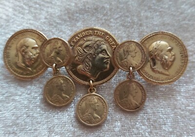 Miriam Haskell Old Coins Goldtone Brooch Pin Rare Vintage 3  x 1 1/2'' Signed 