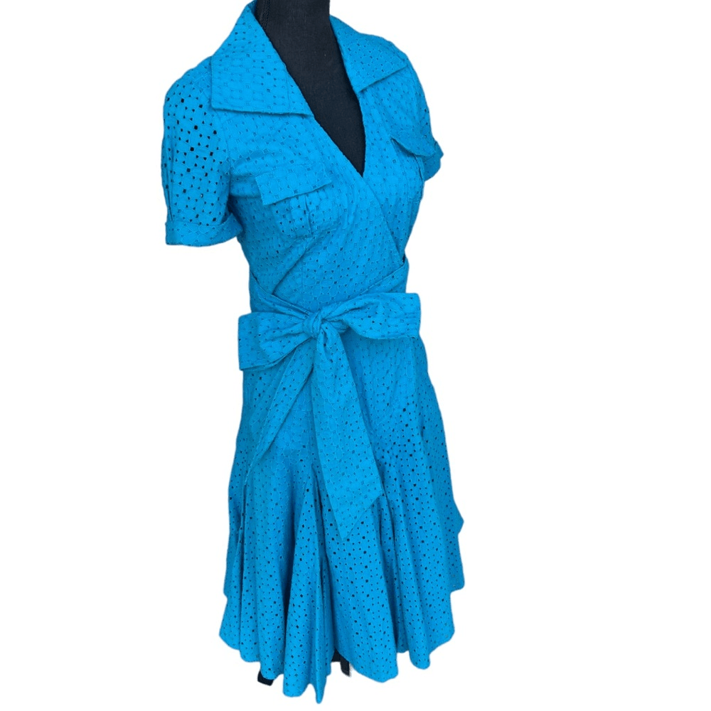 DVF Women's Teal Blue Taffy Cotton Eyelet Fit Flair Wrap Dress