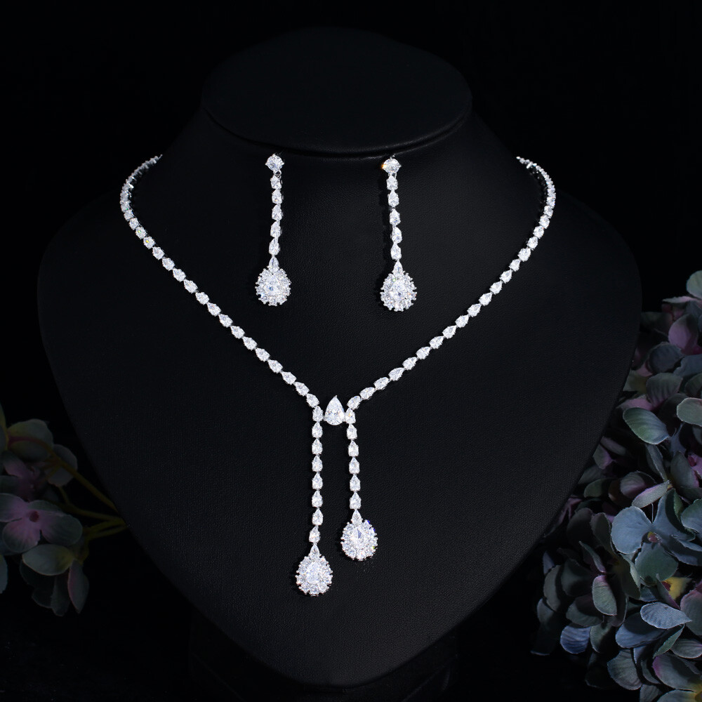 Gorgeous Long Dangly Drop CZ Bridal Party Necklace Earrings Wedding Jewelry Set