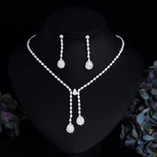 Gorgeous Long Dangly Drop CZ Bridal Party Necklace Earrings Wedding Jewelry Set