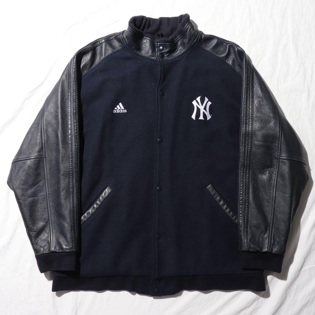 Adidas New York Yankees Leather Varsity Jacket Navy White Embroidery New