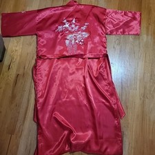 Vintage Asian Robe Red 100 Silk Embroidered Crane Birds Fans XL Mei Gui Long