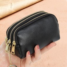 Women's Leather Wallet 3 Zippers Pocket Coin Purse Mini Pouch Small Keyring Bags