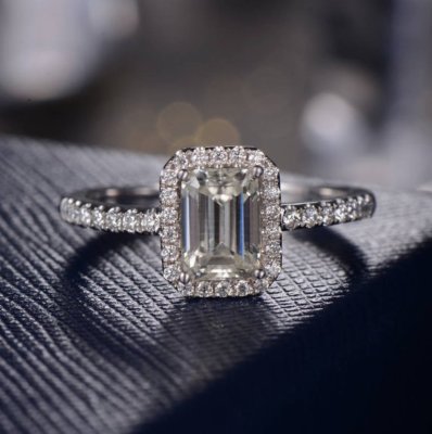 5*7mm Solitaire Emerald Cut Moissanite Halo Wedding Ring 925 Sterling Silver