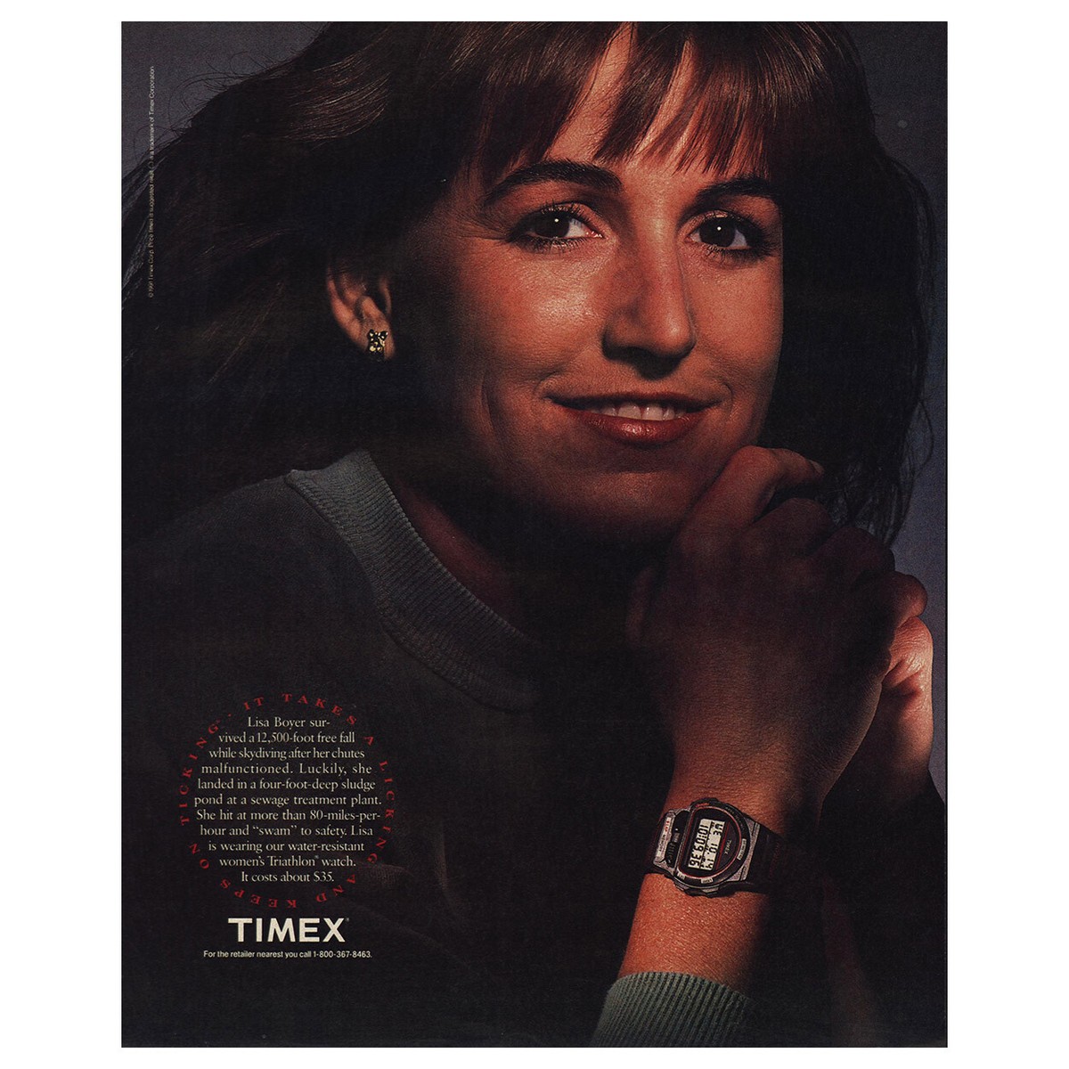 1991 Timex: Lisa Boyer Survived Free Fall Skydiving Vintage Print