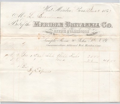 1857 Meriden Britannia Co.West Meriden CT NY Silverplate 7'' Billhead