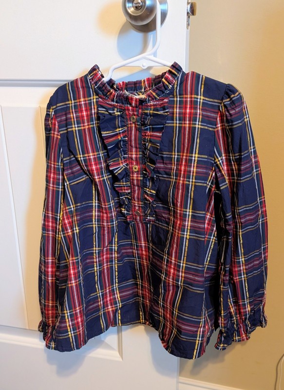 CREWCUTS GIRLS PLAID TARTAN NAVY HOLIDAY LONG SLEEVE BLOUSE TOP SIZE 8 EUC