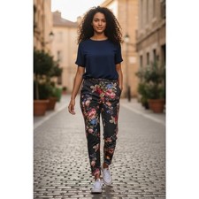 ASOS Pants Womens 8 Black Multicolor Floral Print Tapered Ankle Slim Knit