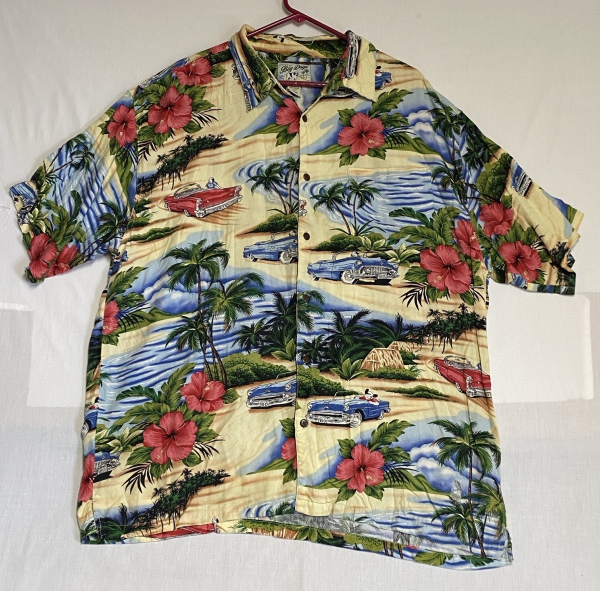 Vintage Big Dogs Hawaiian Shirt XL Rayon Surf Driving Dog USA Summer Party BBQ