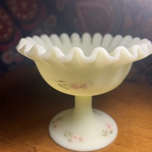 Fenton Compote Custard Glass Ruffled Satin Uranium Signed Hand Painted Daisy