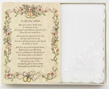 Wedding Handkerchief Poetry Hankie Groom s Mother to Bride White, Lace Embr...