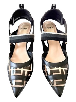 FENDI Colibri FF Black PVC Logo Pointed Toe Slingback Kitten Heel