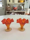 Vintage Fenton Amberina Hobnail Ruffled Trumpet Mini Bud Vases 4" Set Of 2