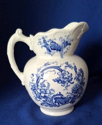 Antiq Blue White Floral Pitcher Creamer Transferware Scalloped Rim Unmarked 8.5 