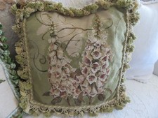 HUGE Aubusson style LARKSPURS on Sage Greens Needlepoint Pillow NWOT Handmade