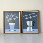 Blue Coffee Quote Wall Art Prints Set of 2, Wood Effect Picture Frame Wall Decor