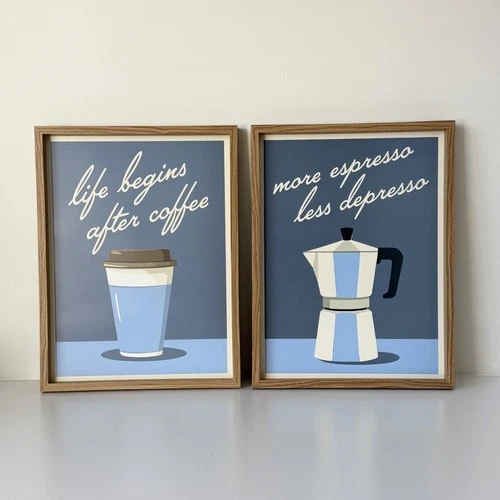 Blue Coffee Quote Wall Art Prints Set of 2, Wood Effect Picture Frame Wall Decor
