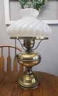 Vintage Brass Tone Table Hurricane Style Lamp Milk Glass Hedco Swirled Shade