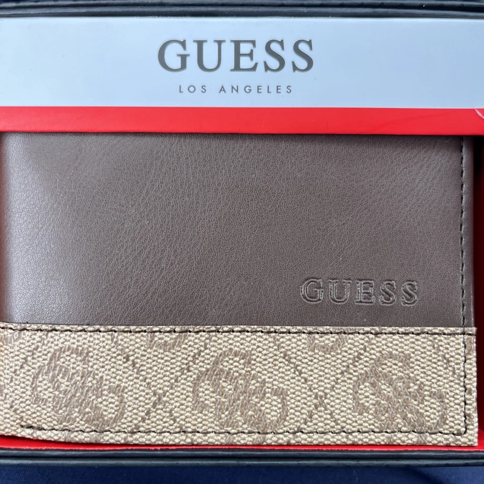 New GUESS Men's Logo Wallet $48 RFID Protection Brown Genuine - Image 2 of 2