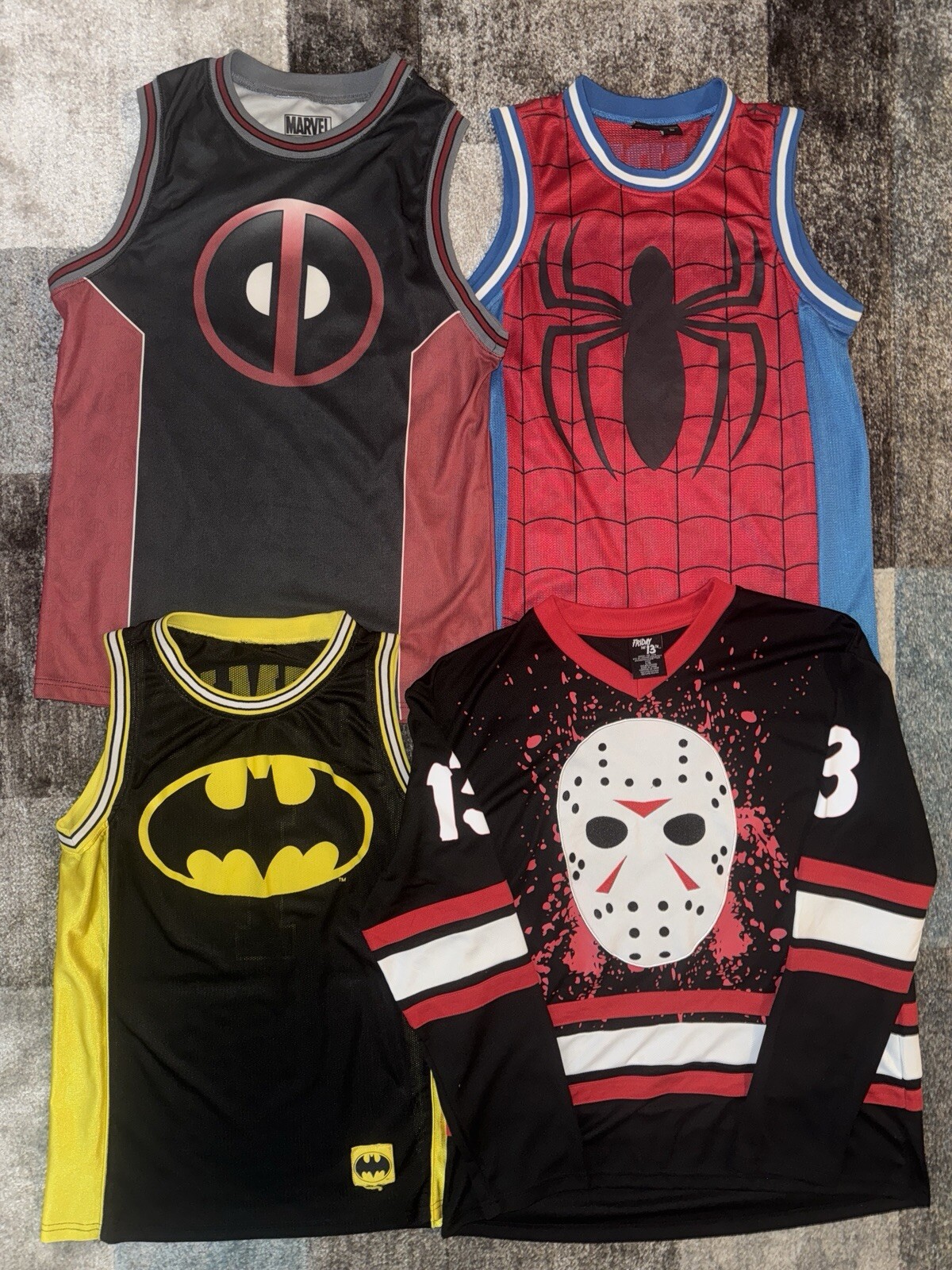 Lot 4 Jerseys Deadpool (M) Spider-Man (S) Batman (M) Jason Friday The 13th (L)