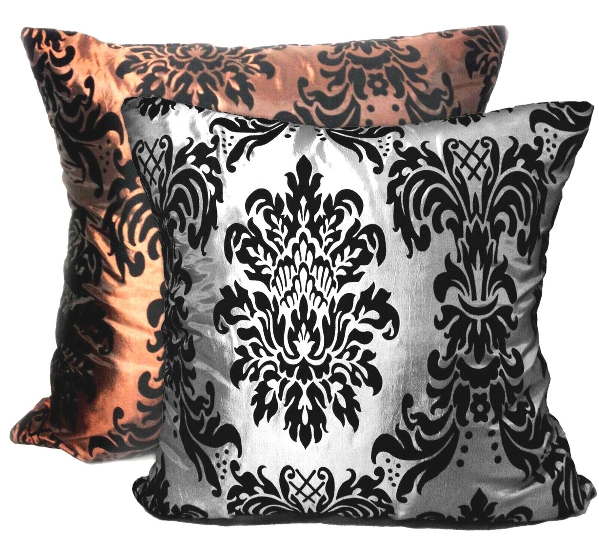 Large Flocked Damask Filled Cushions Silver or Brown Decorative