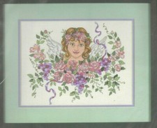 AMONG THE ROSES--Angel in Pink Flowers  Purple Grapes--Stamped Cross Stitch KIT