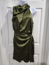 Green Sz S Satin Halter Neck Tie Waist Wrap Bodycon Cocktail Party Mini Dress