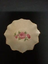 Vtg. Floral Bone China Trinket Dish, England, Pink Flower, Gold Rim, Scalloped