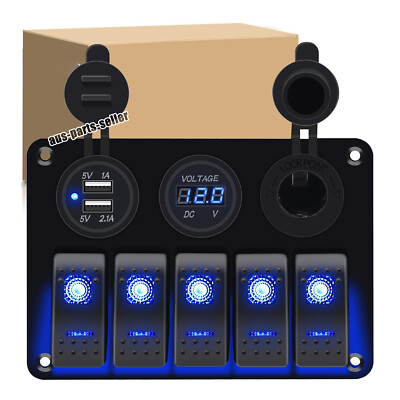 5 Gang Toggle Rocker Switch Panel with USB for Car Boat Marine RV Truck Blue LED