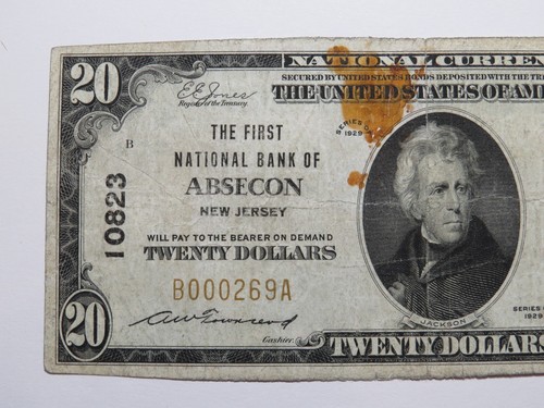 $20 1929 Absecon New Jersey NJ National Currency Bank Note Bill #10823 FINE - Picture 2 of 4