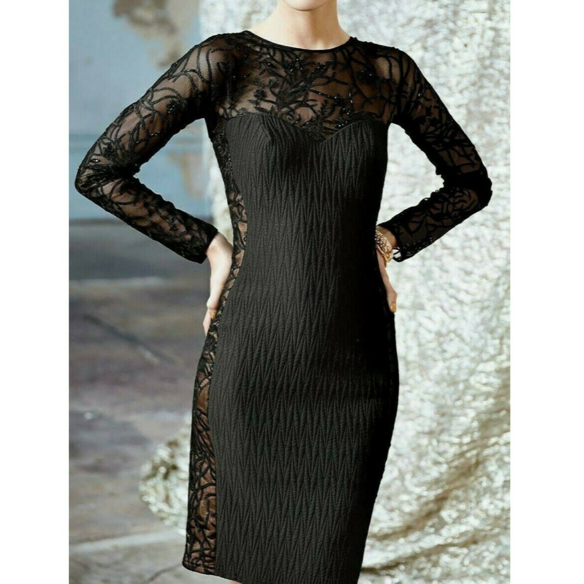 sheer front panel dress Tadashi Shoji Sheer Illusion Black Long Sleeve Beaded Lace Panel Dress size M