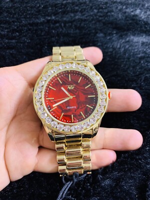 14k Gold Finish Techno Pave Mens Womens Hip Hop One Row Simulatd Diamond Watch